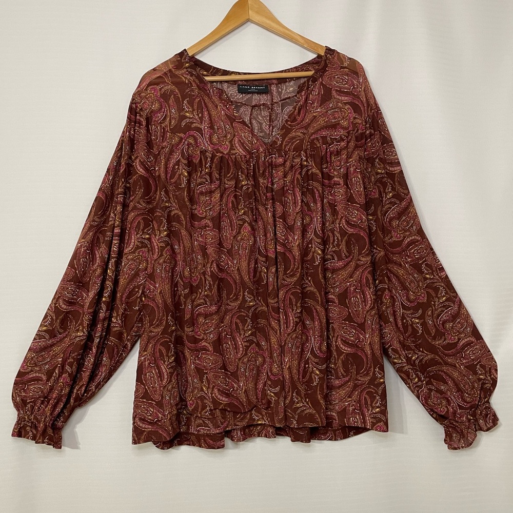 Lane Bryant Women’s 22/24 Paisley Print Peasant Blouse Brown Pink Long Sleeve